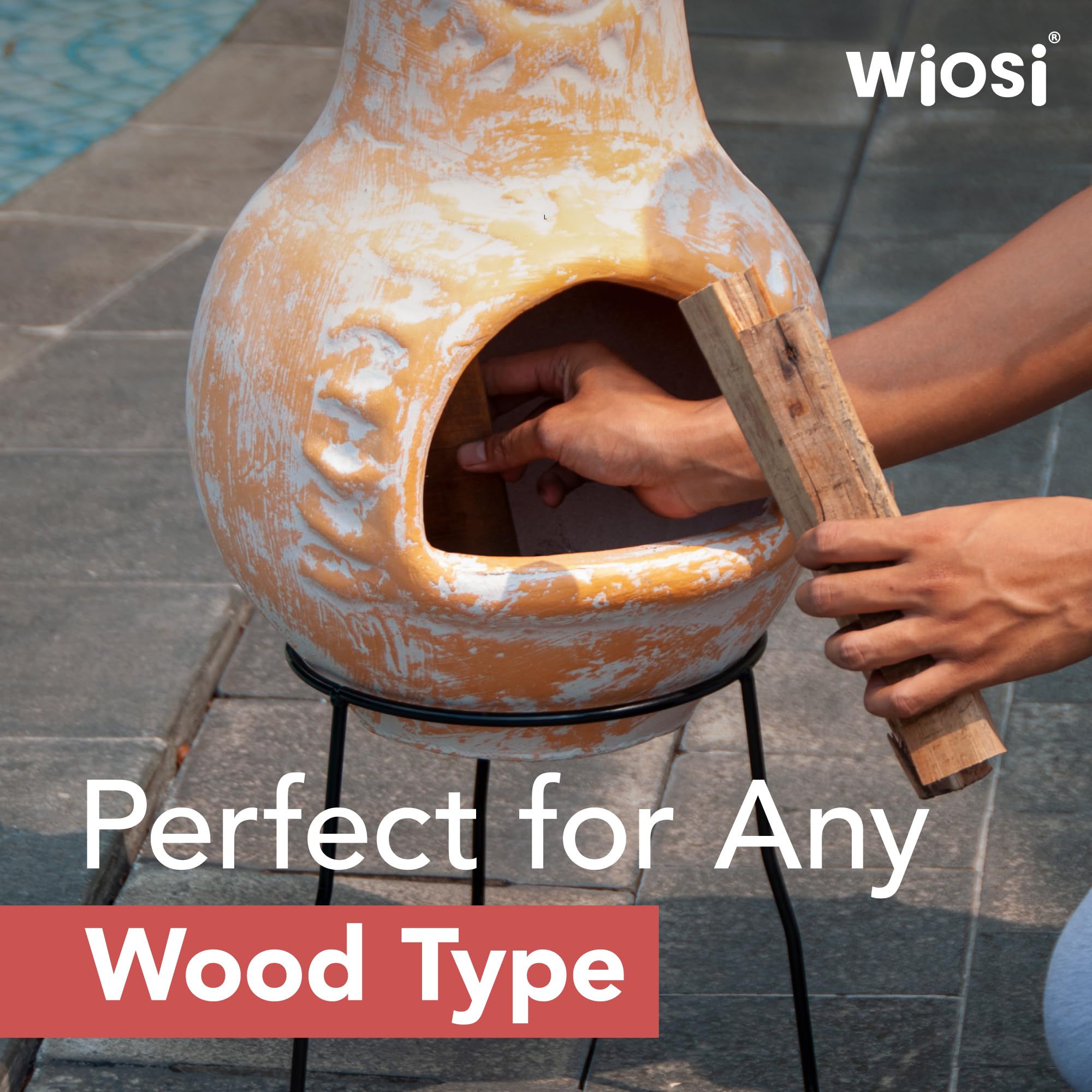 Wiosi chimenea lit on a patio at night creating ambiance and gentle heat