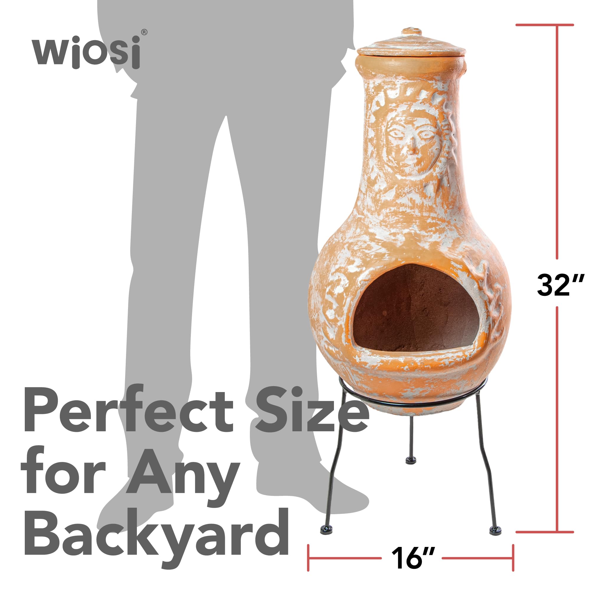 Wiosi chimenea beside a chair showing size and fit for small patios