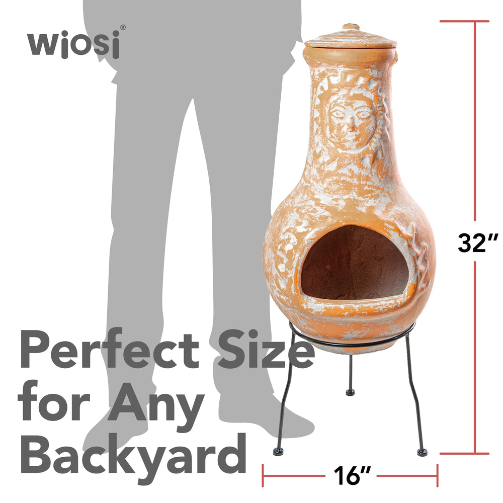 Wiosi chimenea beside a chair showing size and fit for small patios