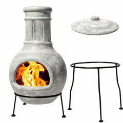 Wiosi chimenea front view showing compact grey clay and elegant presence