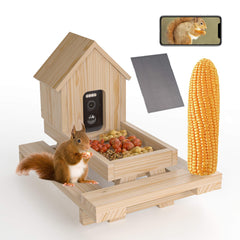 WISDOMRAINBOW front view of wooden feeder showing tray and camera, attracts wildlife
