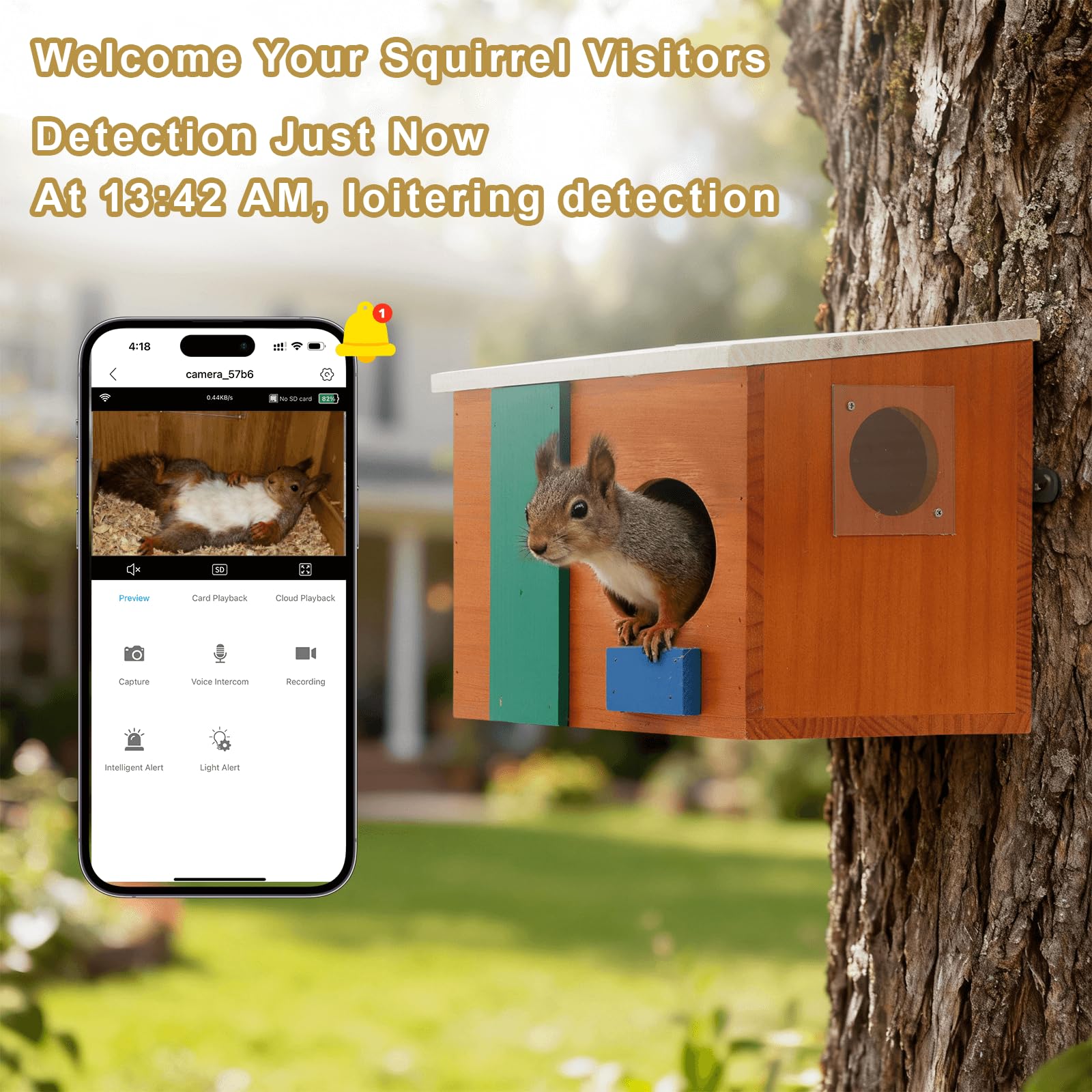WISDOMRAINBOW mounted on tree in garden demonstrating discreet wildlife viewing benefit