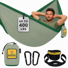 Wise Owl Outfitters front view showing hammock ready to hang and comfortable