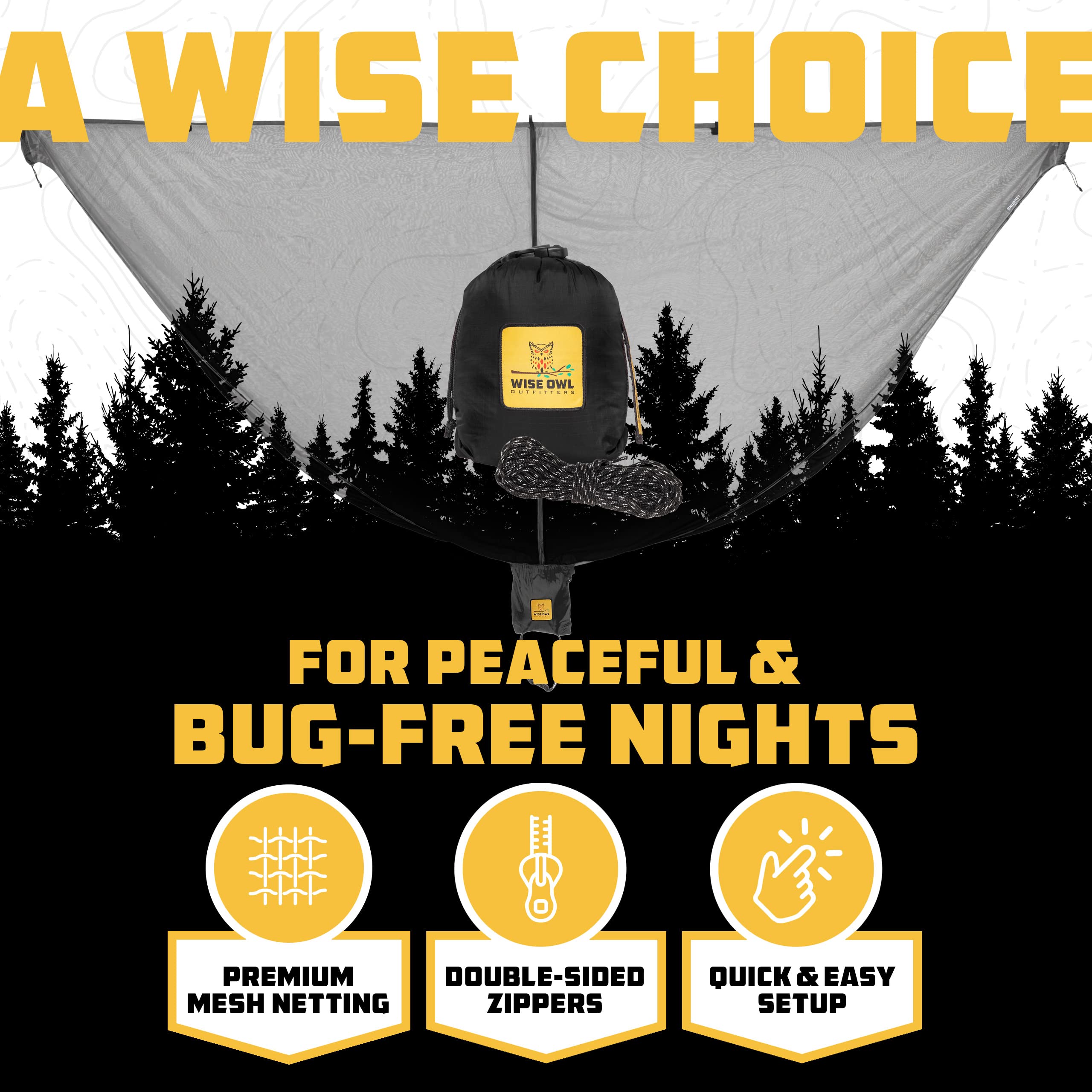Wise Owl Outfitters hammock bug net fully installed in forest for insect-free sleep