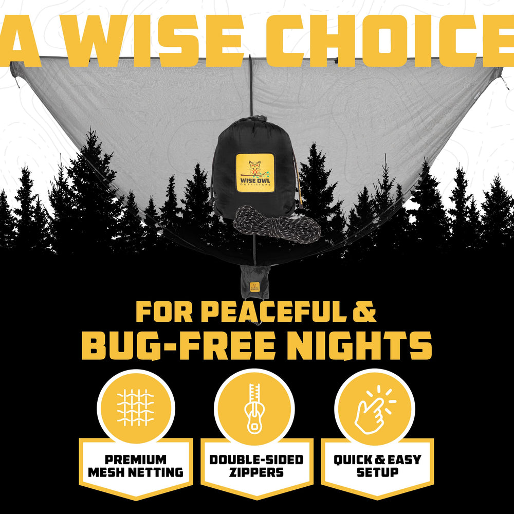 Wise Owl Outfitters hammock bug net fully installed in forest for insect-free sleep