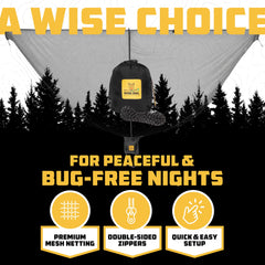 Wise Owl Outfitters hammock bug net fully installed in forest for insect-free sleep