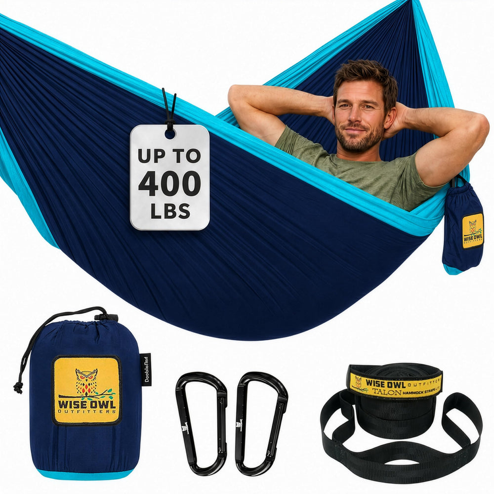 Wise Owl Outfitters hammock packed in stuff sack for lightweight travel
