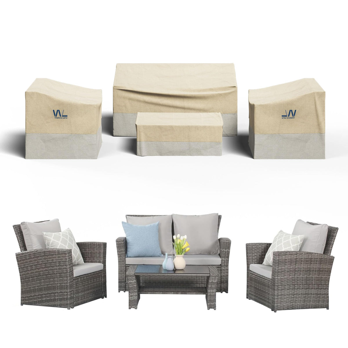 Wisteria Lane front packaging showing complete four-piece cover set, easy storage benefit