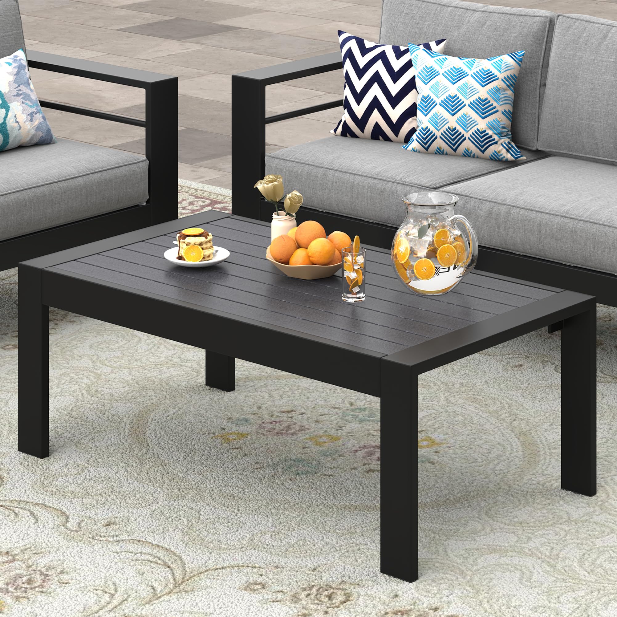 Wisteria Lane front view of black aluminum coffee table showing modern outdoor styling and durability