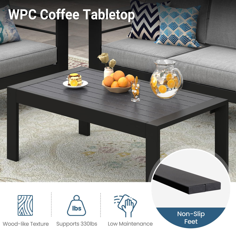 Wisteria Lane coffee table on balcony with plants showing space-saving modern furniture benefit