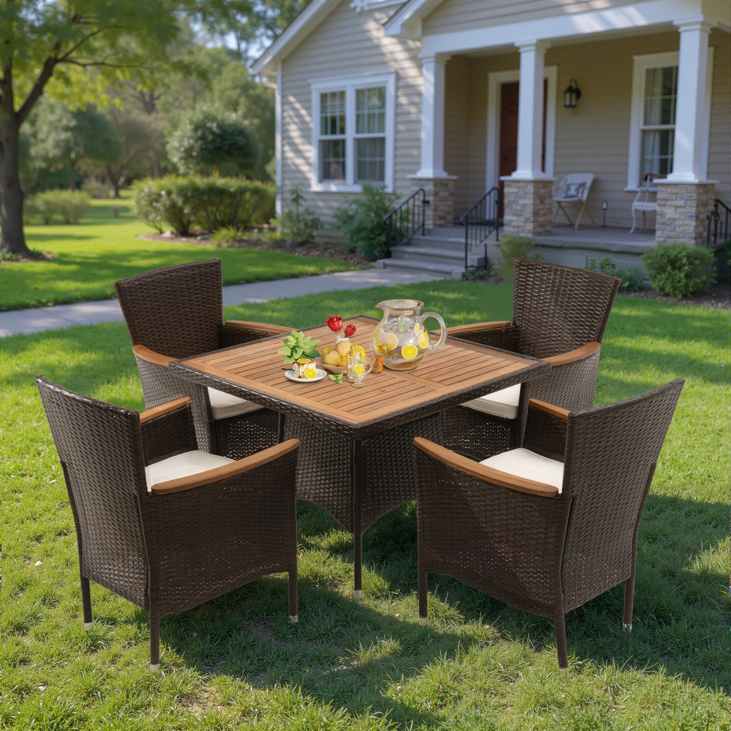 Wisteria Lane top-down view of acacia tabletop set with tableware showing practical dining layout