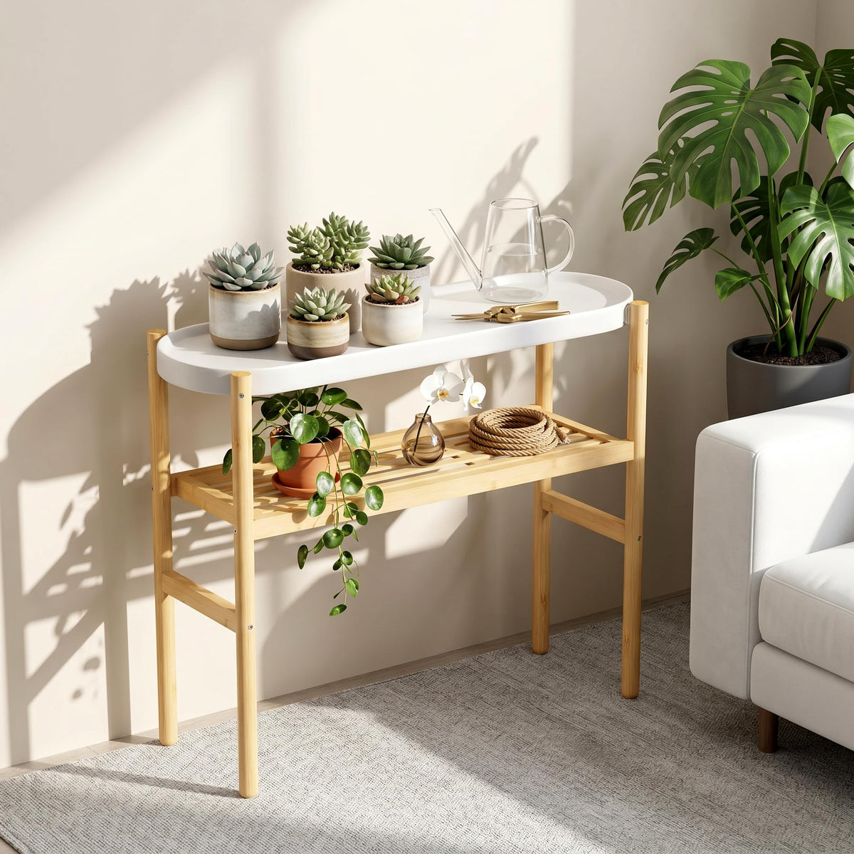Wisuce front view of plant stand showing two tiers and clean design, adds greenery neatly
