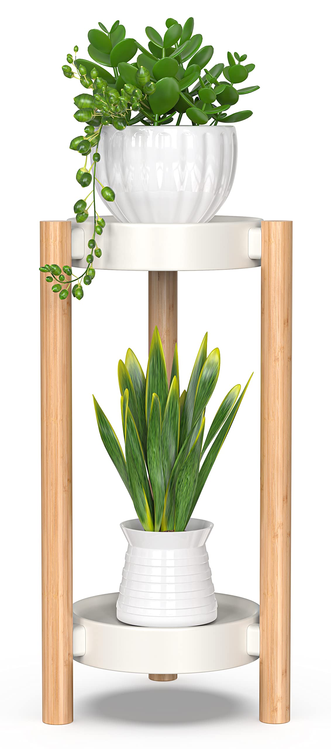 Wisuce front view of bamboo plant stand showing two-tier display and space savings