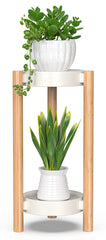 Wisuce front view of bamboo plant stand showing two-tier display and space savings