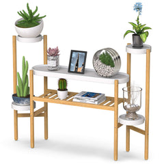 Wisuce front view of 3-tier bamboo plant stand showing multiple pots and stylish display benefit