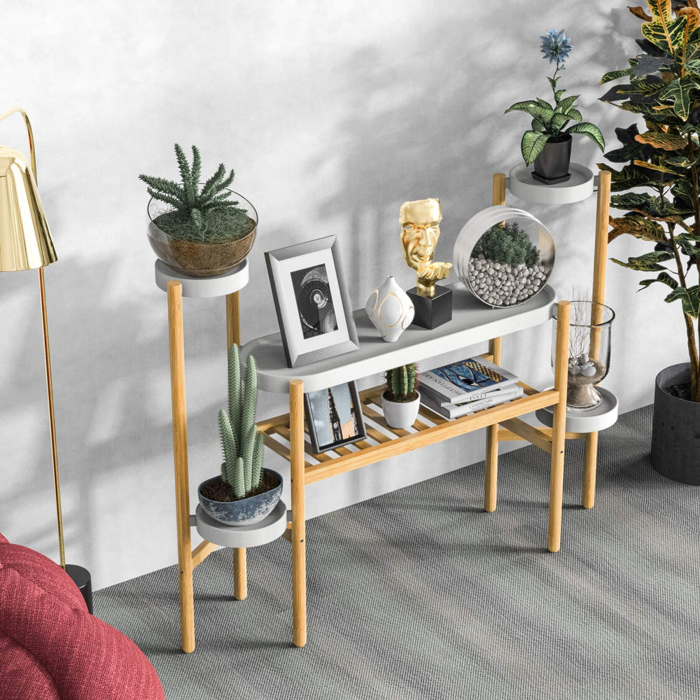 Wisuce side profile of slim plant stand demonstrating narrow-fit design for small spaces benefit
