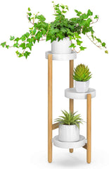 Wisuce front view of bamboo plant stand showing space-saving corner design