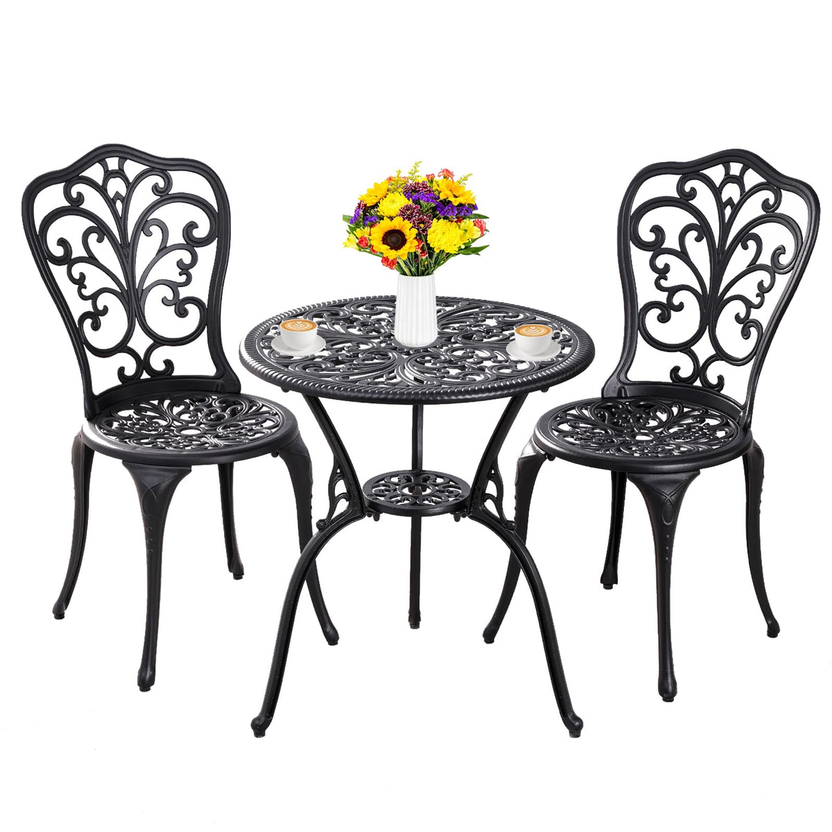 Withniture bistro set front view showing complete set and elegant black finish benefit - stylish outdoor seating