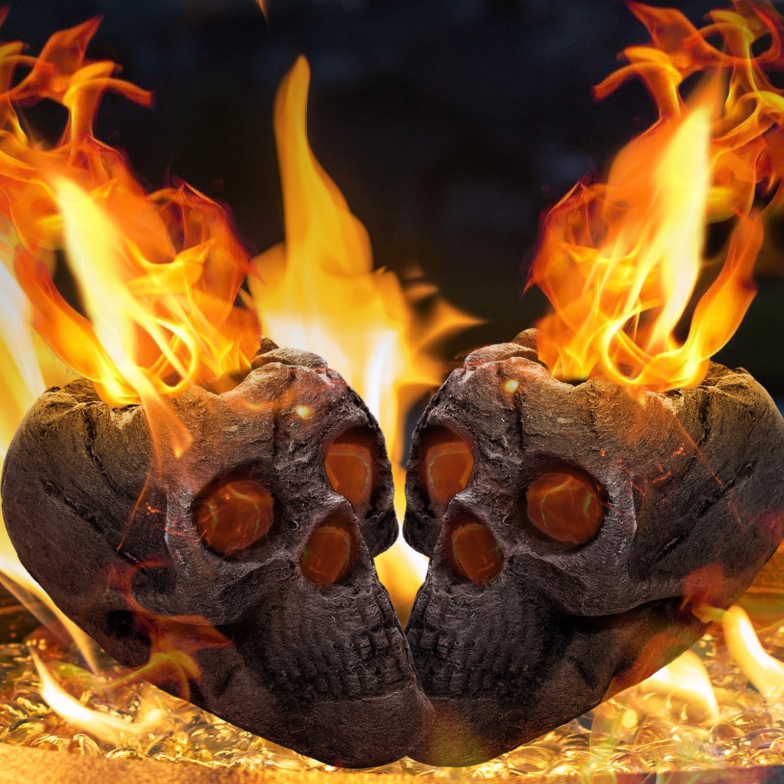 Wiwiqing front view of two black fire pit skulls showing overall shape and design benefit