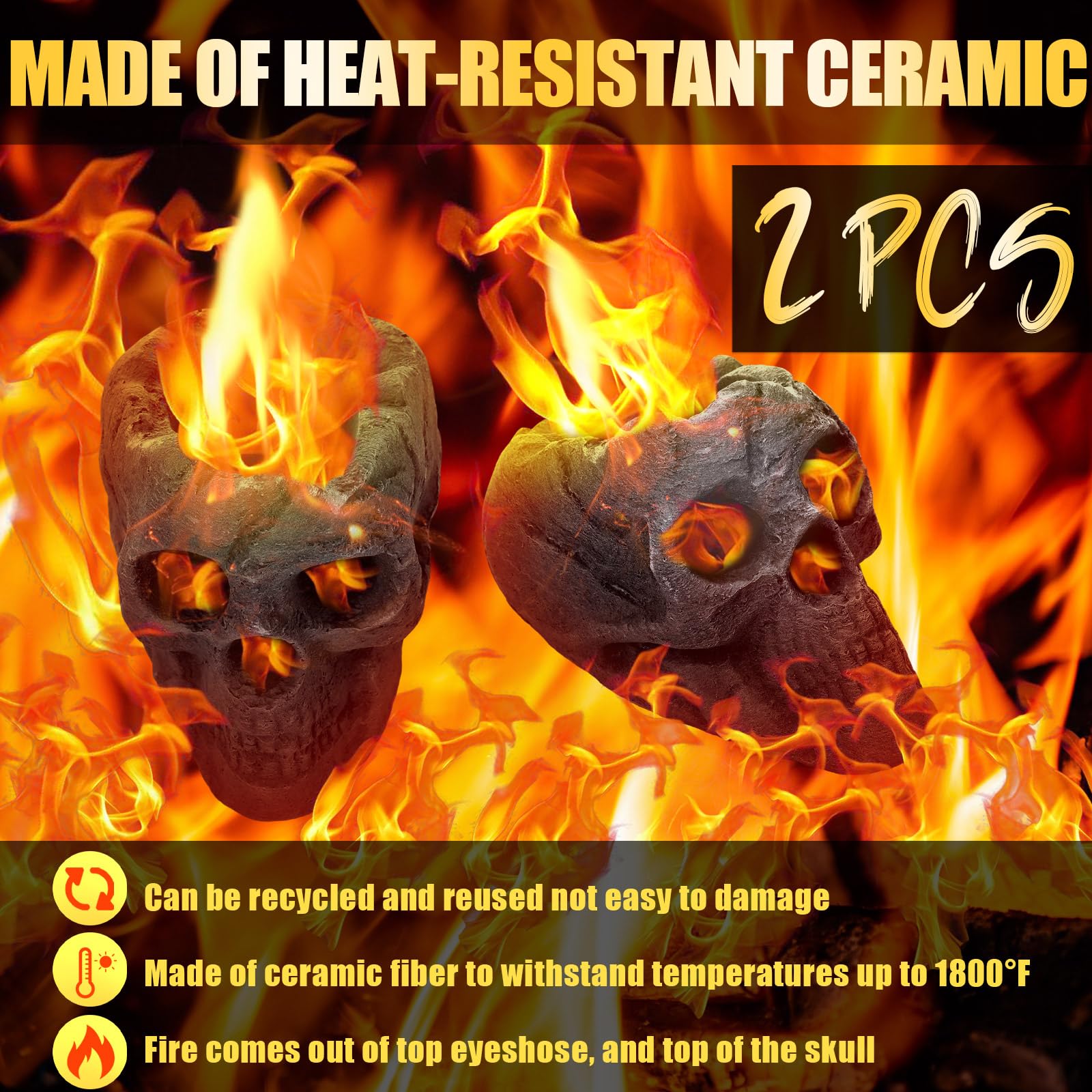 Wiwiqing skulls in fire pit with warm glow demonstrating dramatic ambiance benefit