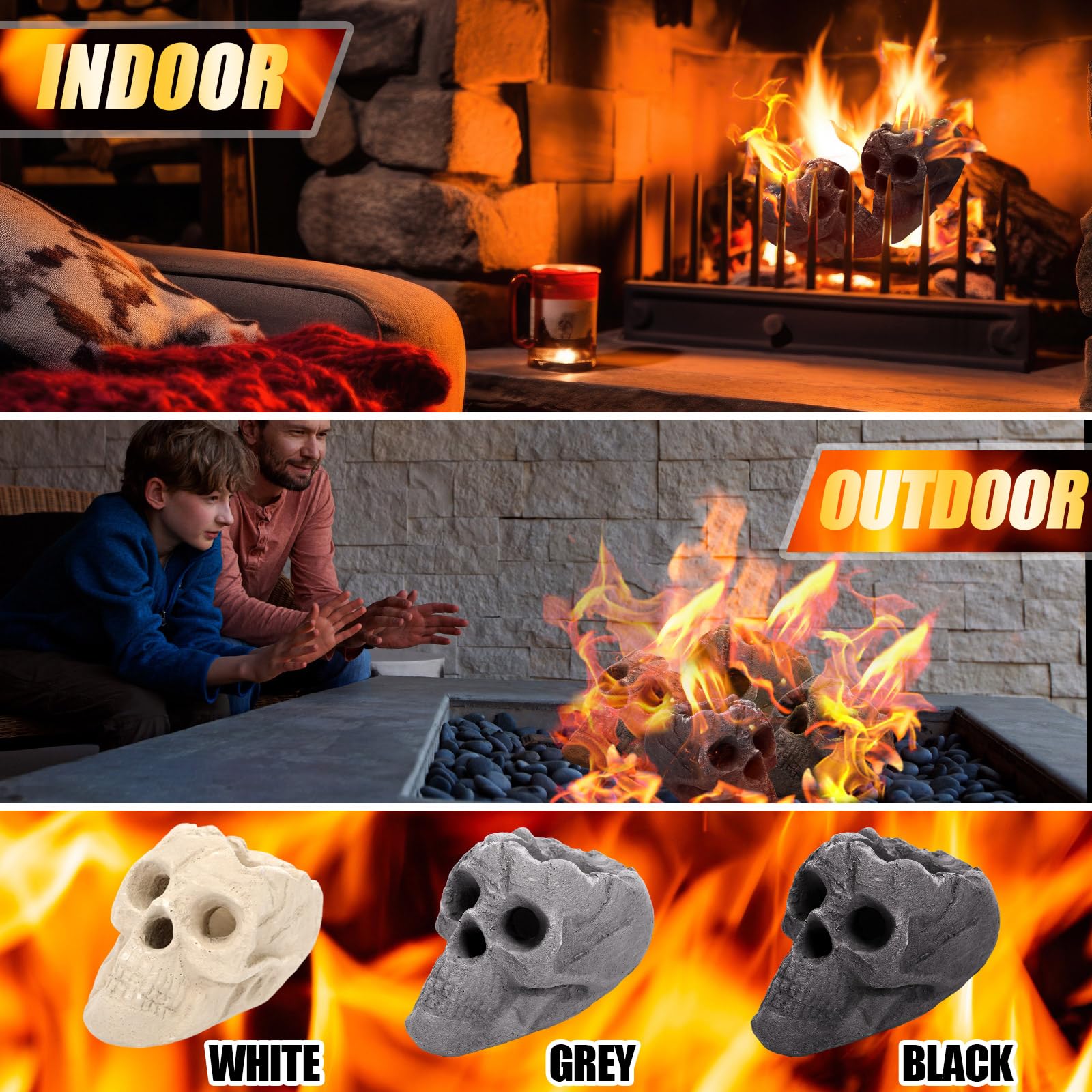 Wiwiqing skulls on hearth with logs showing complementary fireplace styling benefit