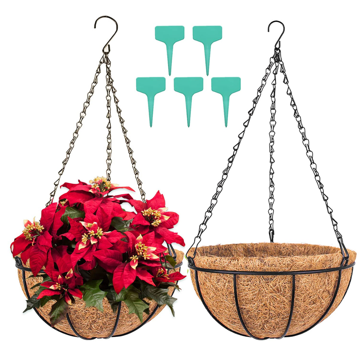 Wizdar front view of two hanging baskets showing rustic appeal and instant display