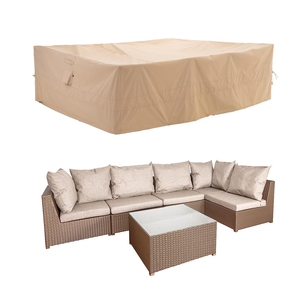 WJ-X3 beige cover on a patio setting demonstrating weather protection