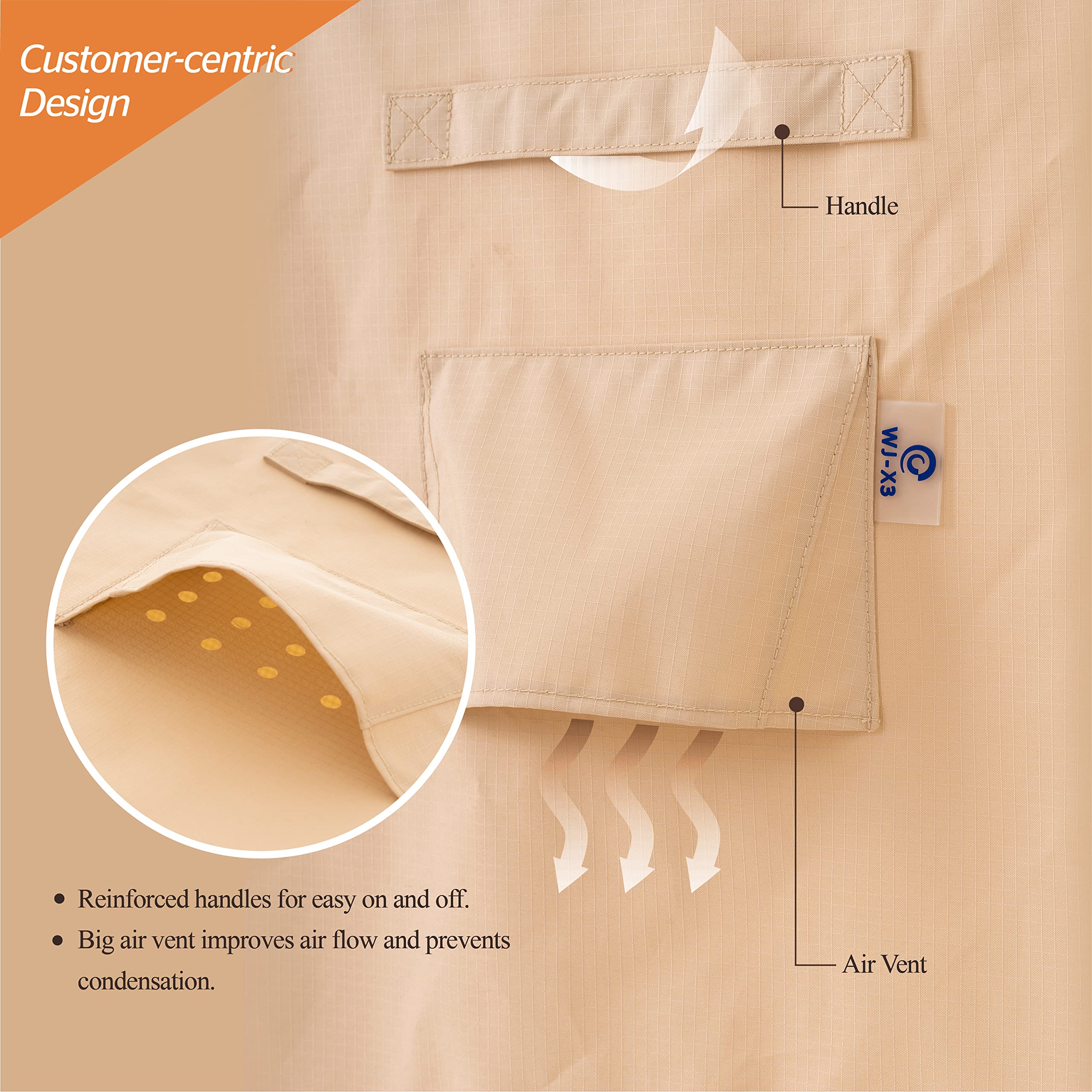 WJ-X3 air vent and seam detail reducing condensation and wind lofting