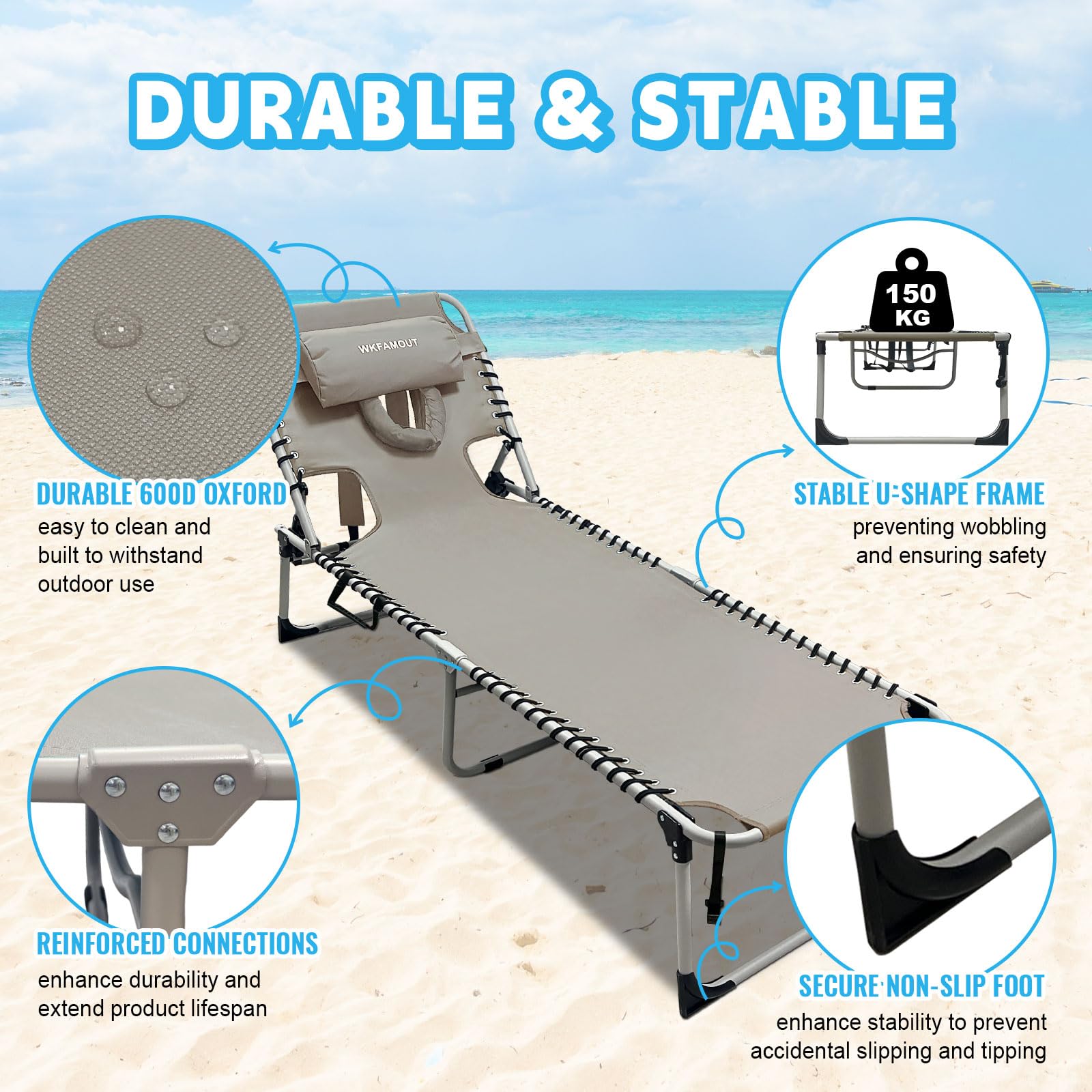 WKFAMOUT face hole and removable pillow detail for comfortable tanning