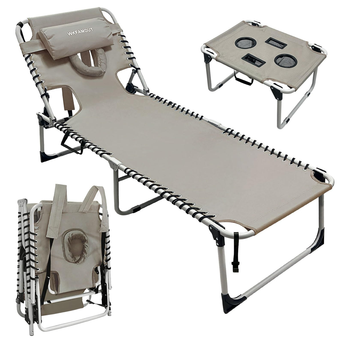 WKFAMOUT front view of folded lounge chair showing compact profile and portability