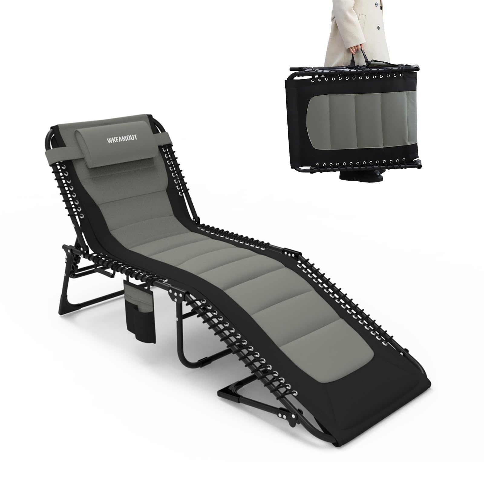 WKFAMOUT front view of padded outdoor lounge chair showing sturdy frame and fabric benefit comfort