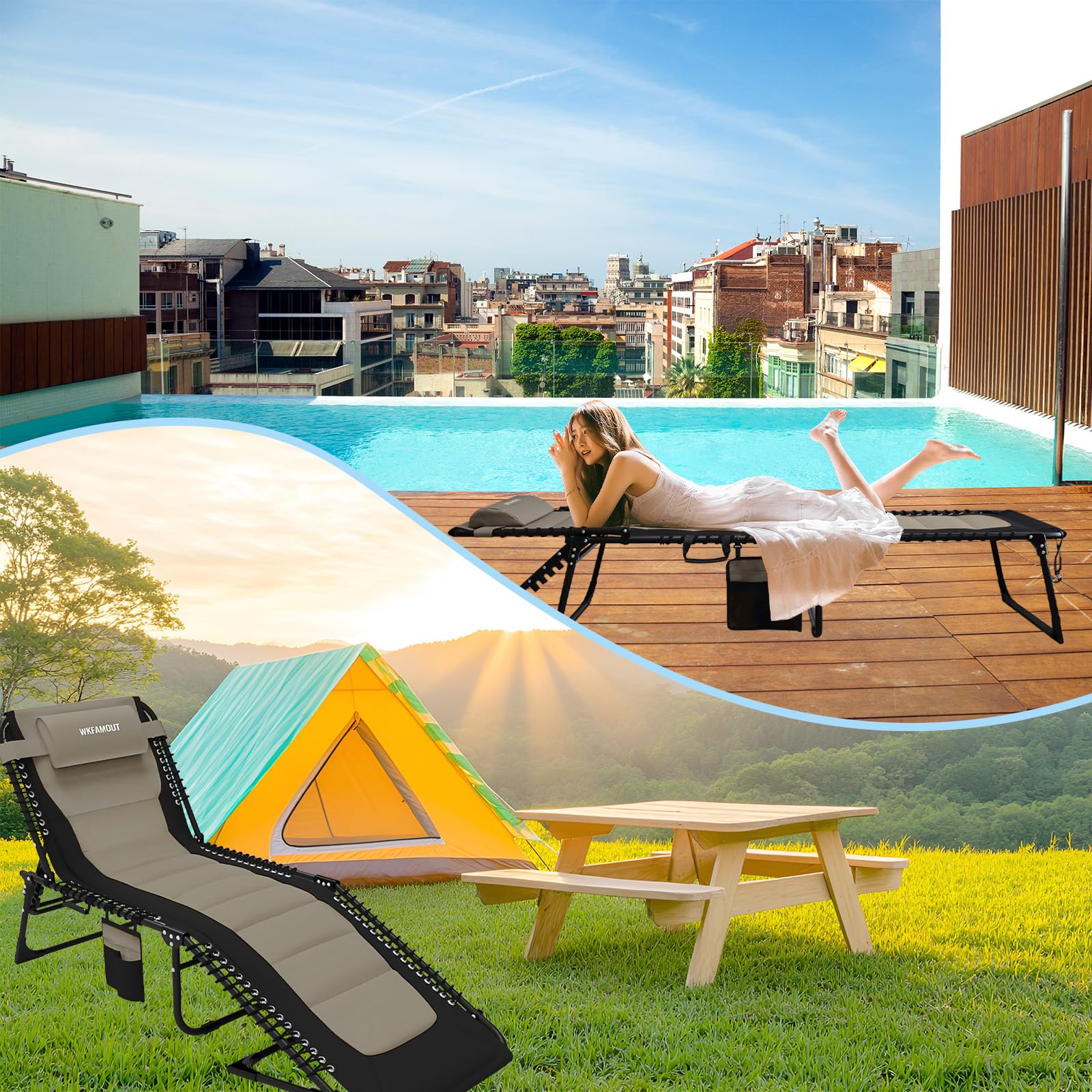 WKFAMOUT chair on beach and garden showing versatile outdoor use