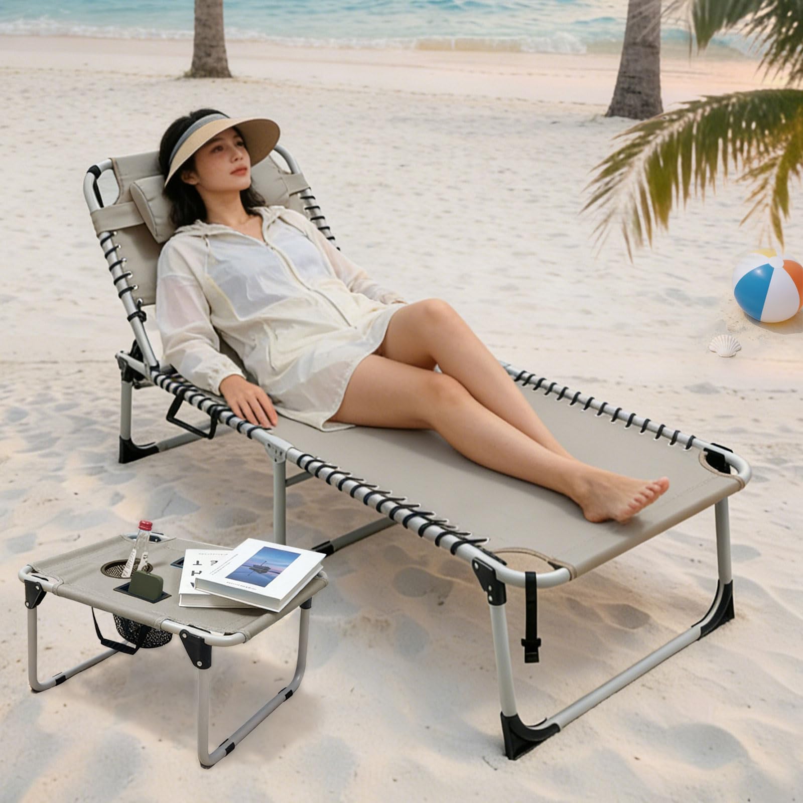 WKFAMOUT lifestyle beach setup showing chair in use with table and towel