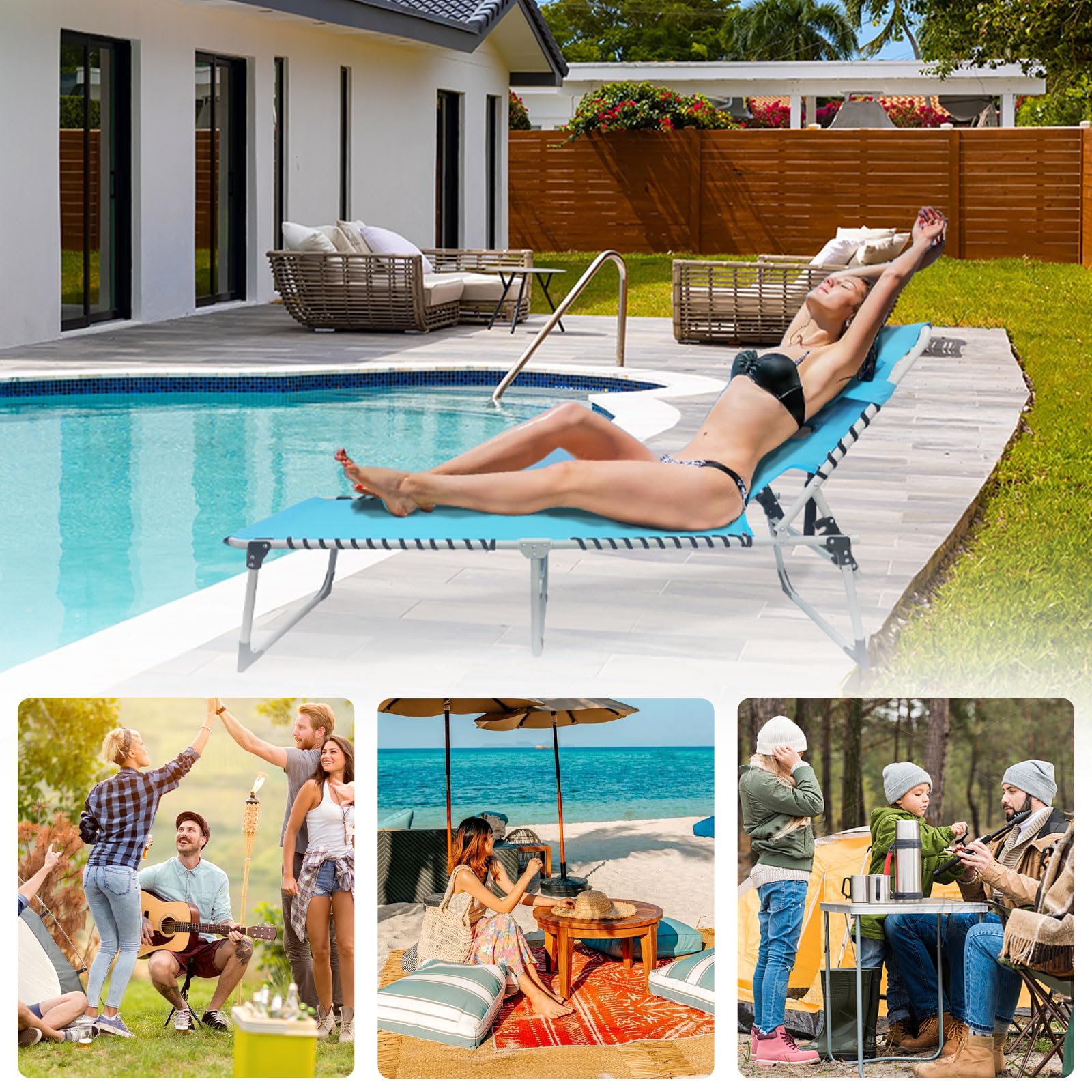 WKFAMOUT poolside lifestyle setup demonstrating relaxation and sunbathing convenience