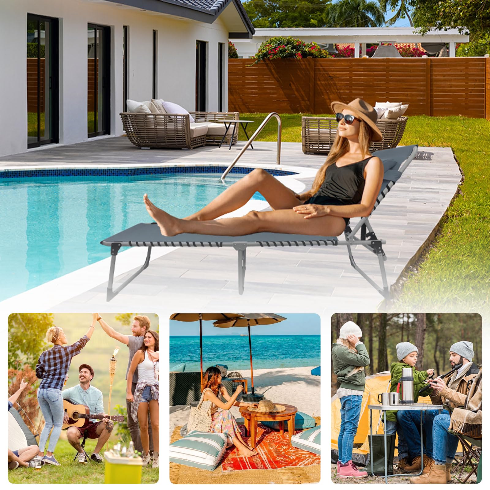 WKFAMOUT lifestyle shot at poolside illustrating sunbathing and lounging convenience