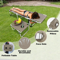 WKFAMOUT collapsible side table with cup holders holding drinks and sunscreen for hands-free use