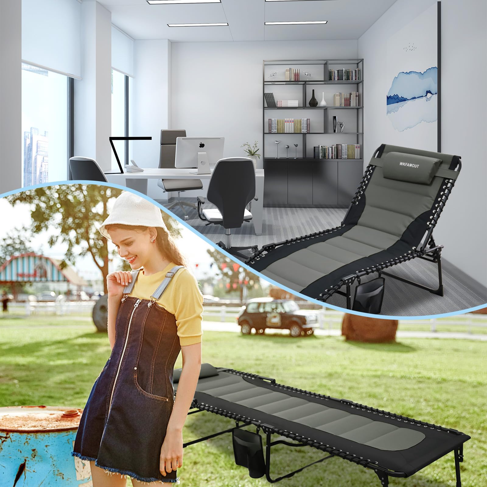WKFAMOUT chair beside person to show size and height support benefit