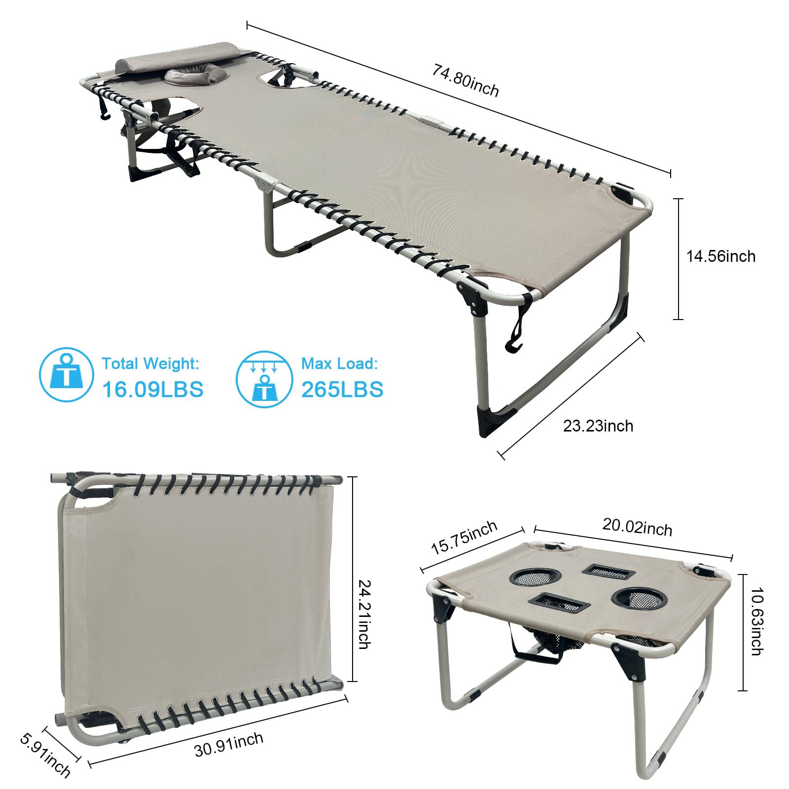 WKFAMOUT close-up of folding side table holding a drink for hands-free convenience