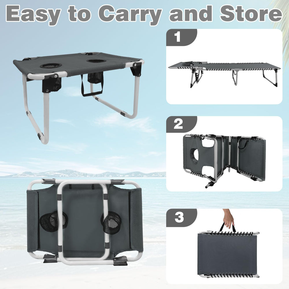 WKFAMOUT collapsible table detail with two cup holders organizing sunscreen and beverages