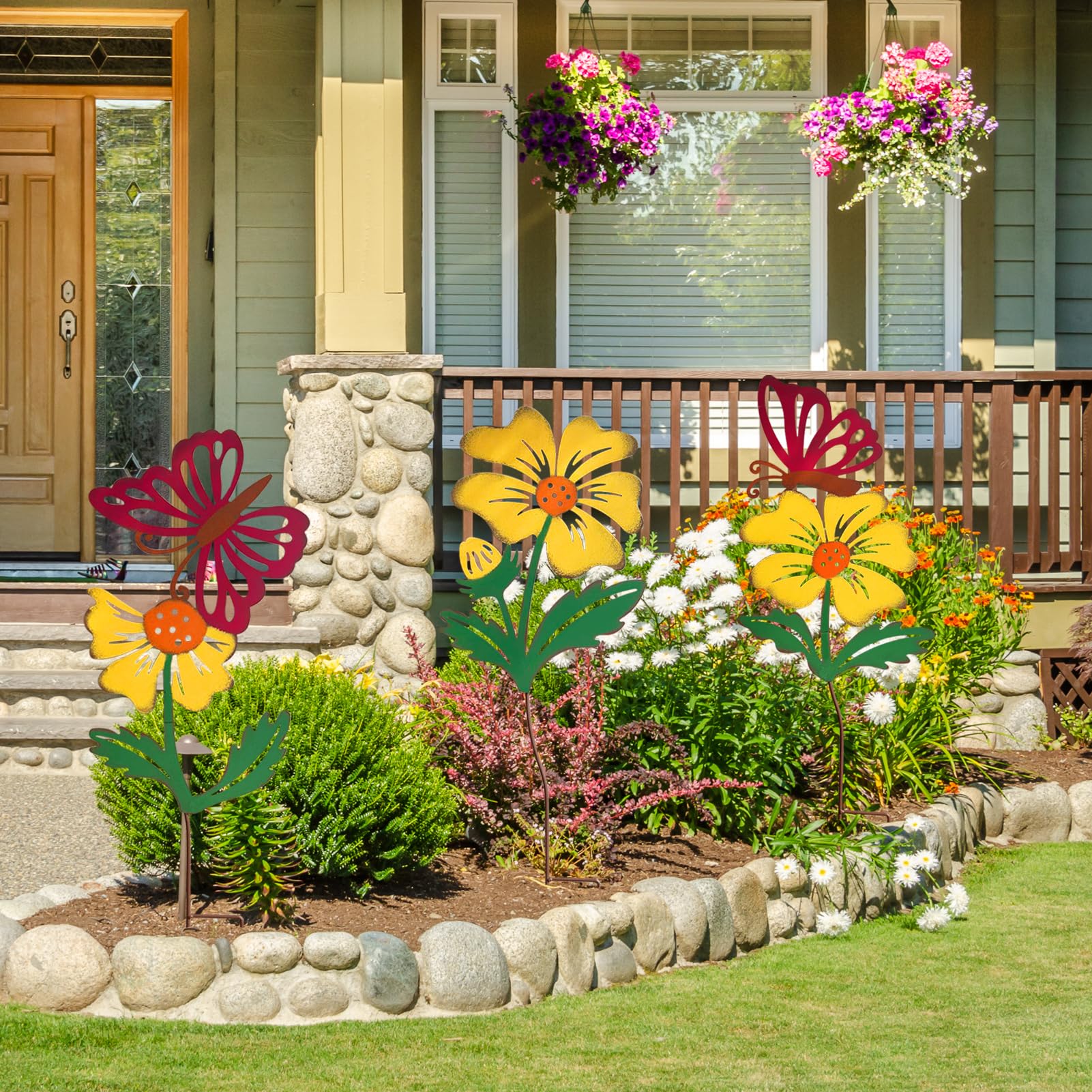 WKHOMEDECO assembled metal flower stakes placed in a large planter demonstrating simple tool-free installation
