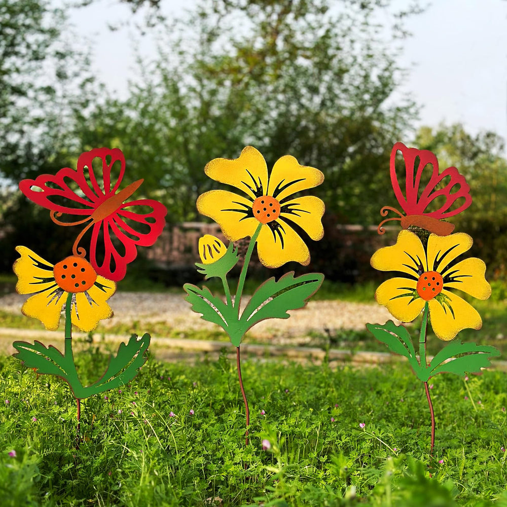 WKHOMEDECO front view of three 30-inch metal flower stakes showing gift-ready packaging and bright colors