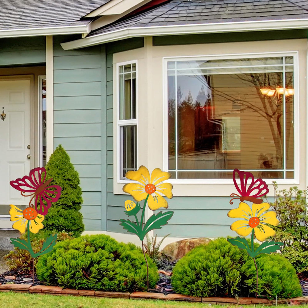 WKHOMEDECO three metal flower stakes lining a garden pathway adding colorful vertical accents and curb appeal
