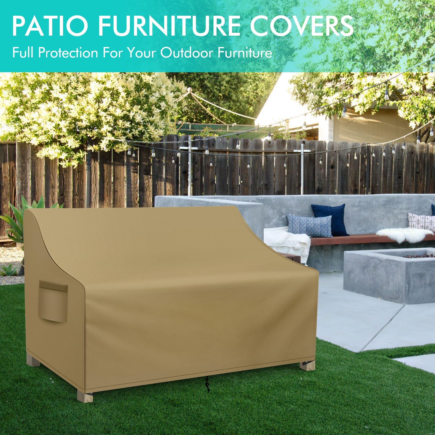 WLEAFJ covered loveseat in backyard demonstrating all-weather outdoor protection