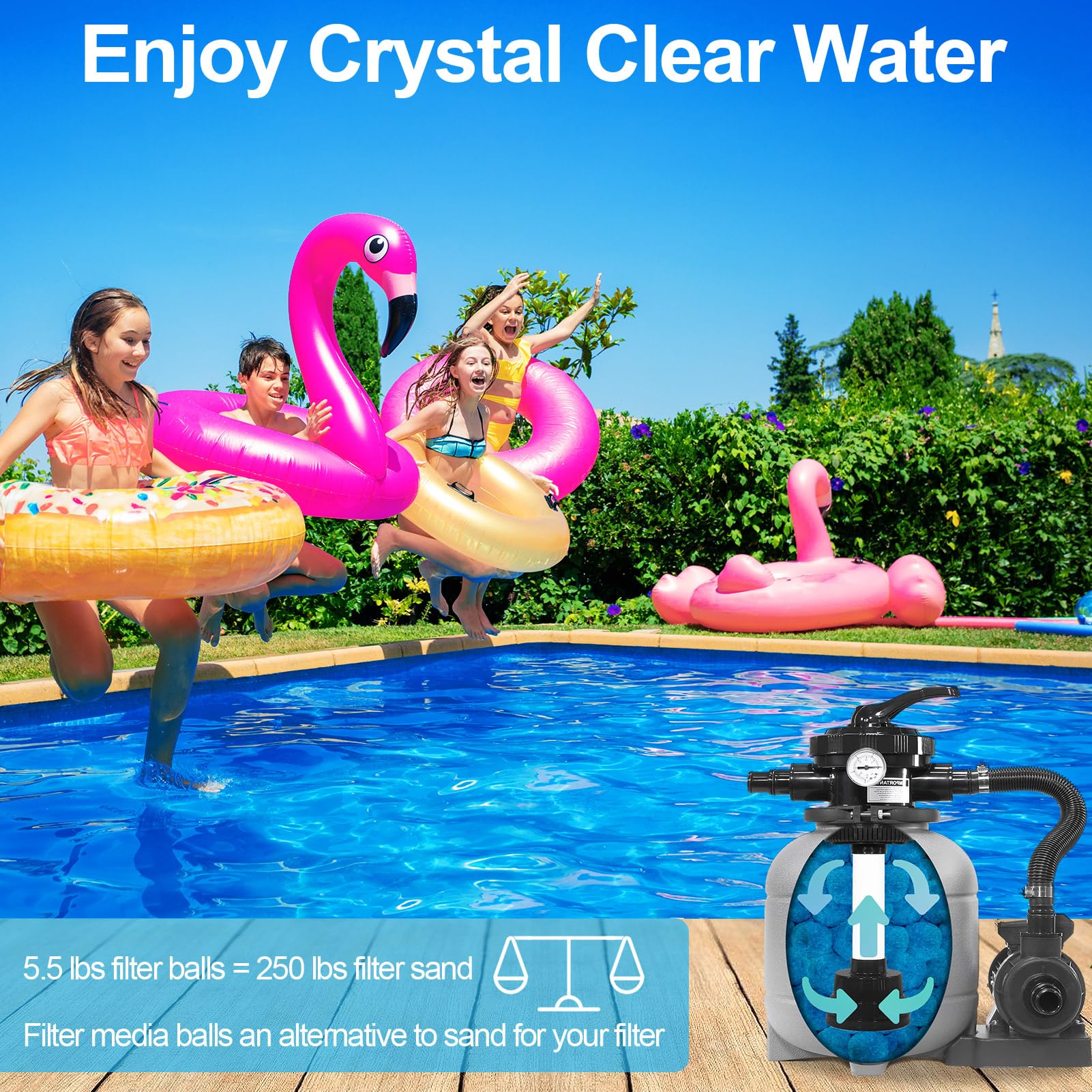 WLLEYAY filter balls in pool scene showing clearer water benefit