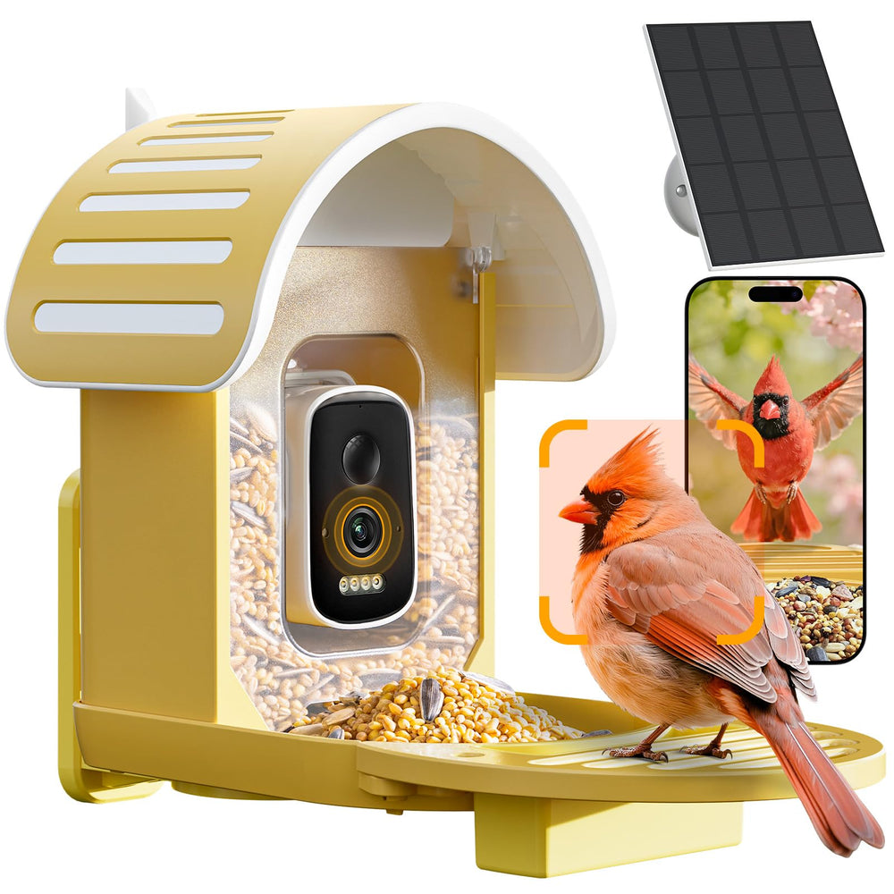 WLNYUGS front view of yellow feeder shows camera and benefits of clear monitoring