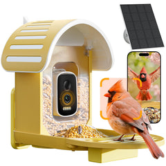 WLNYUGS front view of yellow feeder shows camera and benefits of clear monitoring