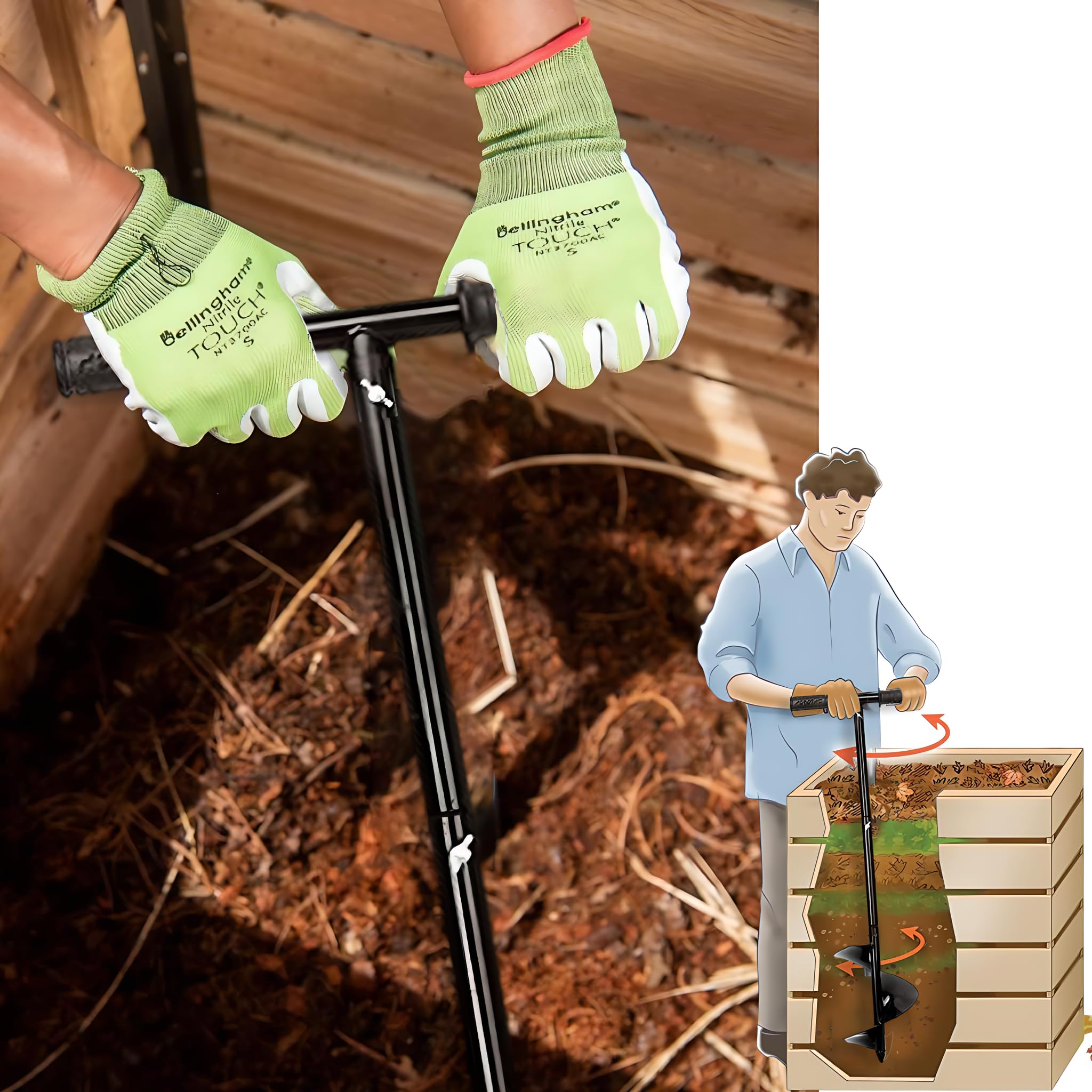WLSANX in use in garden mixing leaves and scraps to speed decomposition