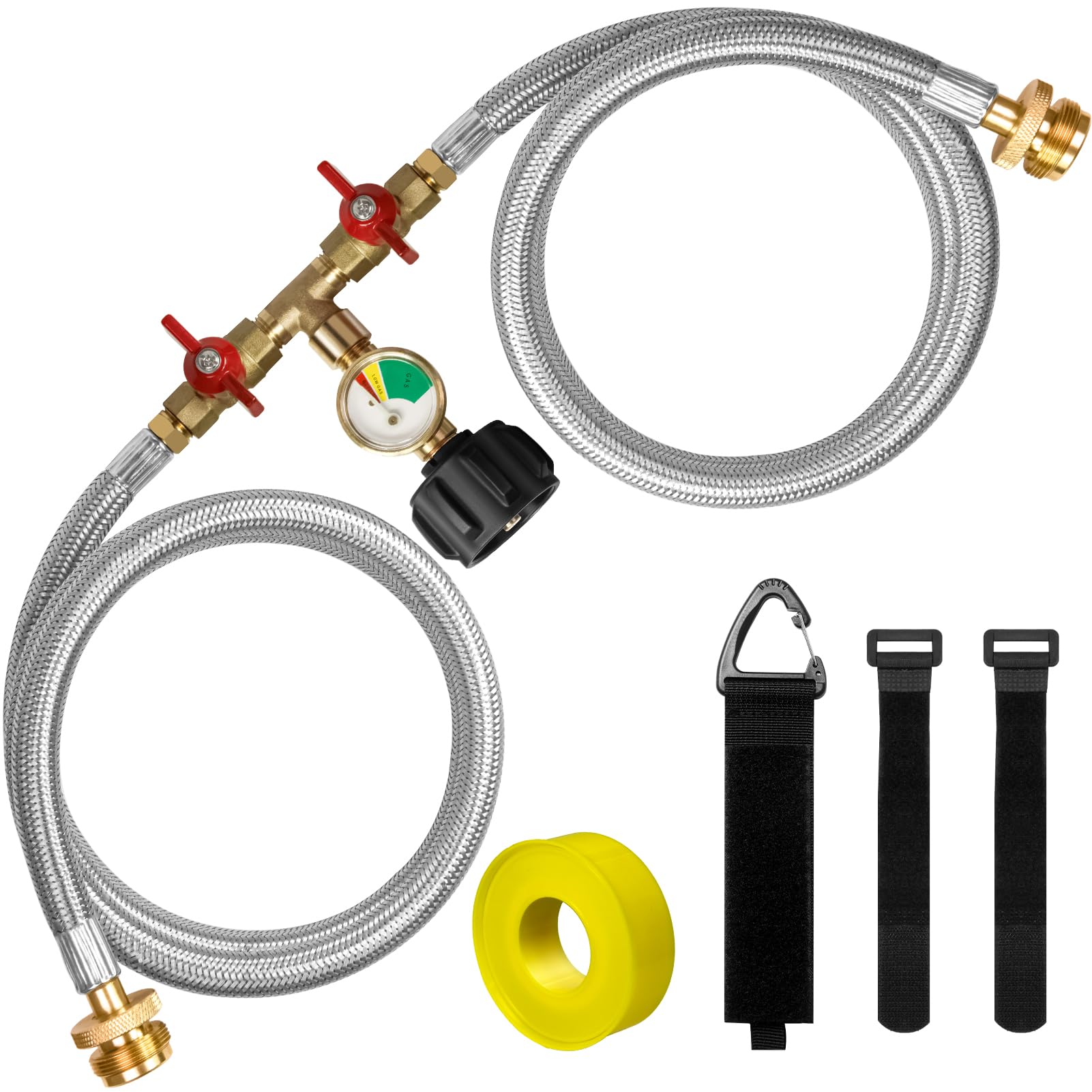Wmnvshier front view of propane splitter showing connectors and gauge for safe conversion