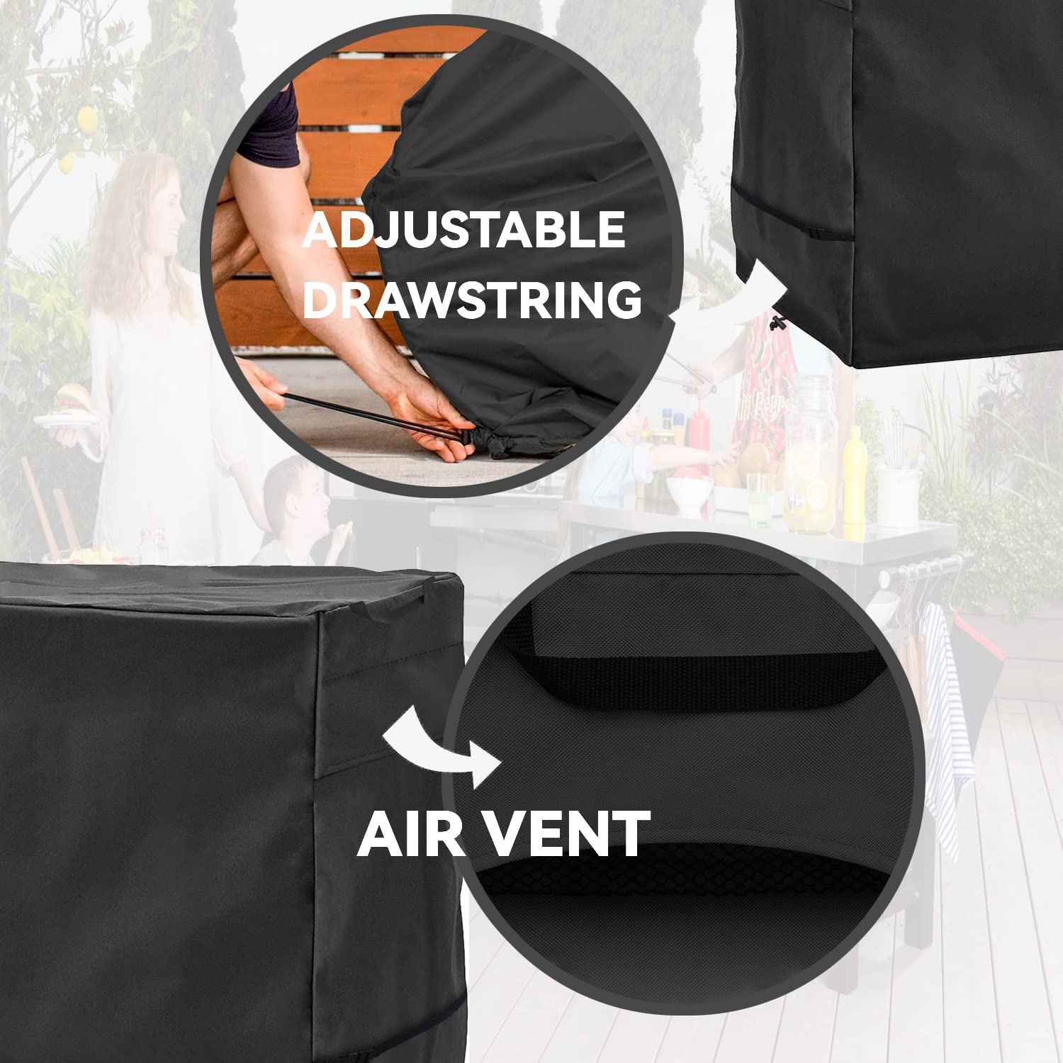 Wnanan handle and bottom drawstring close-up showing one-person easy on/off convenience