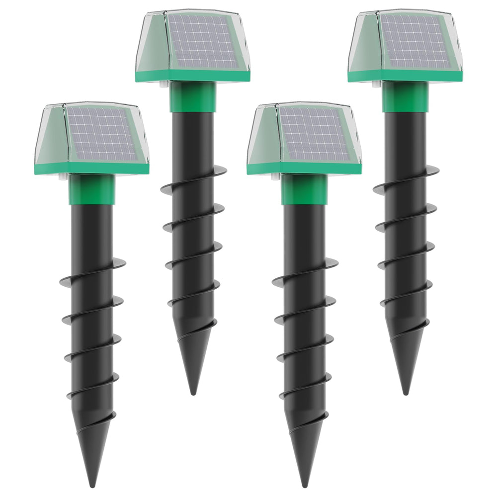 WNIGUCO front view of four solar mole repellent stakes showing garden protection